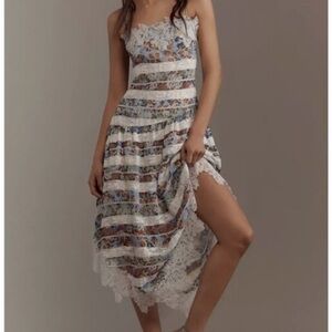 MAEVE square neck lace floral midi dress Anthropologie brown blue cream size 14